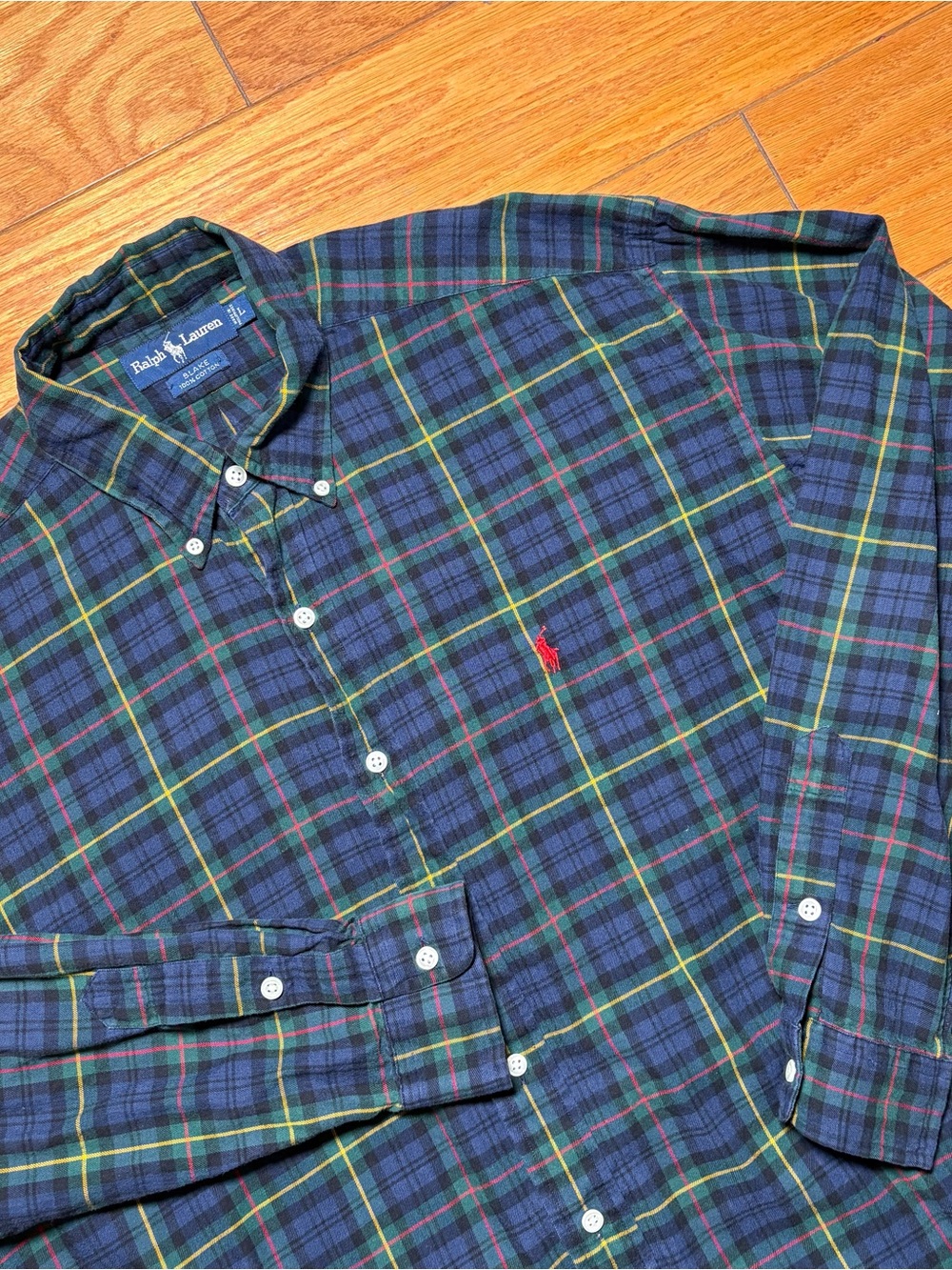 Ralph Lauren Blue, Green & Yellow Plaid Button-Down Shirt with Red Logo